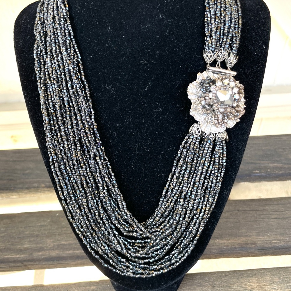 Original by Robert Vintage Statement Necklace Black Glass 27 Strand Beads